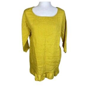 Lungo L'arno 100% Yellow Striped Linen Tunic Shirt Ruffled top